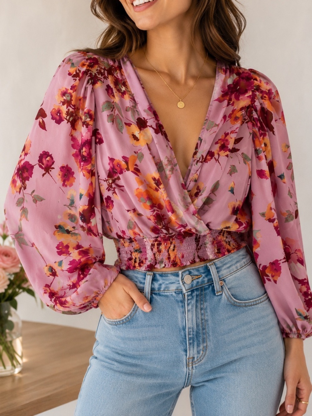 CeCe XS Pink Floral Surplice Smocked Waist Blouse Balloon Sleeve Romantic